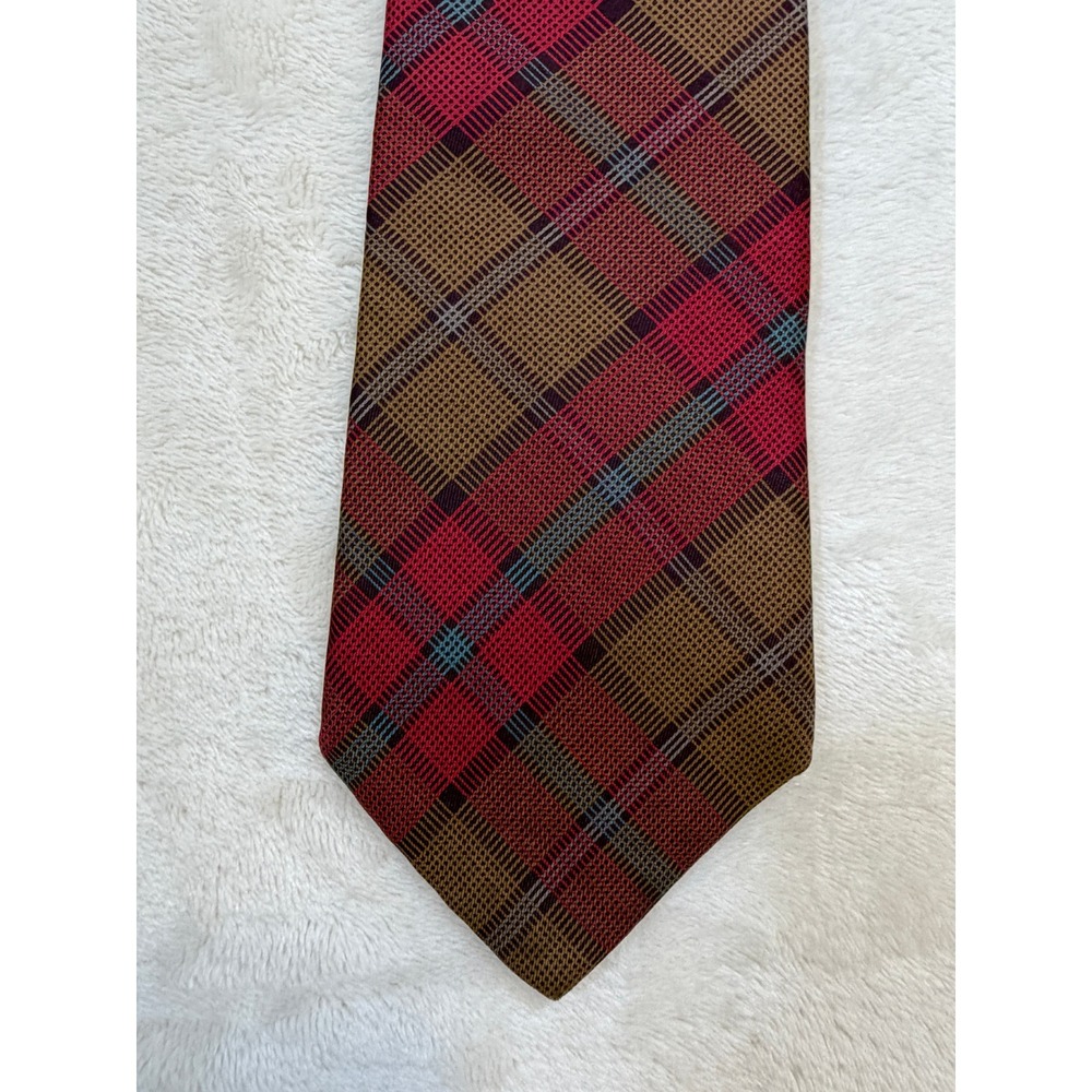 Cacharel Red Brown Plaid Silk Necktie Mens OS Excellent